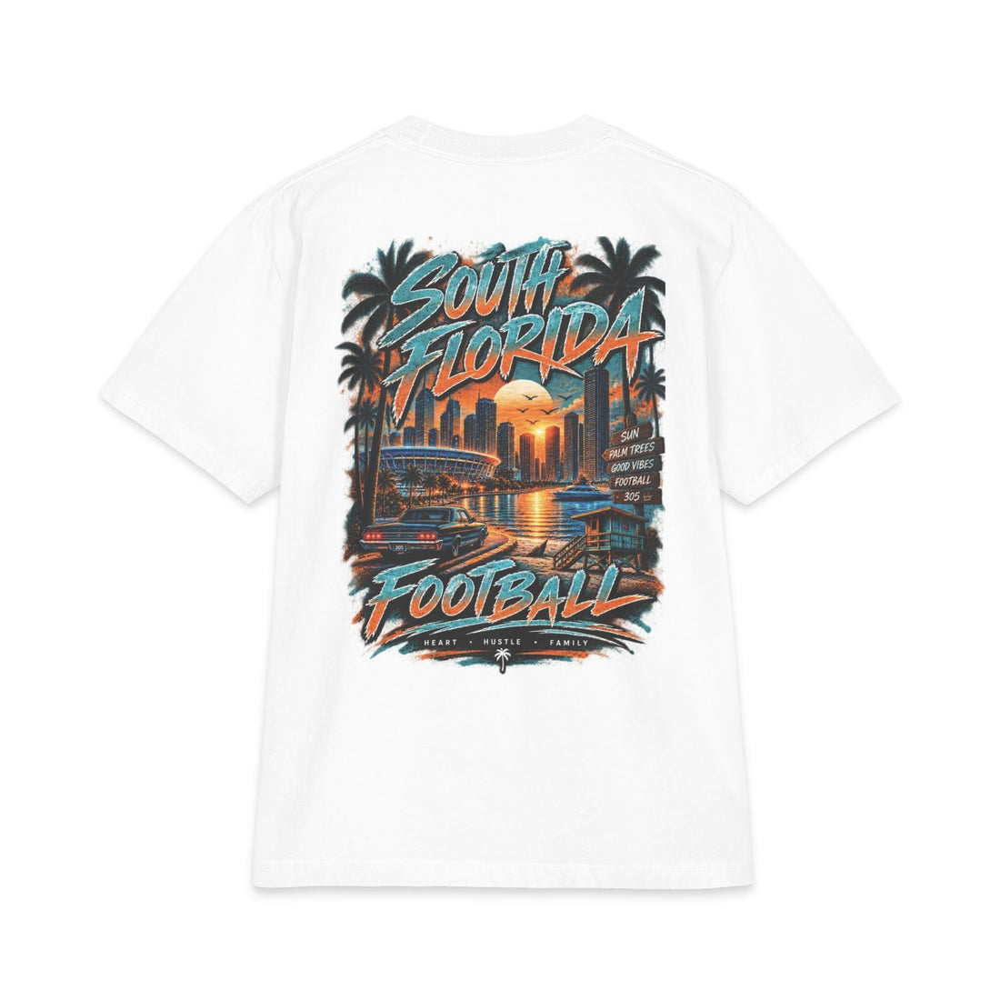 Miami 305 Football T‑Shirt — South Florida Sunset Helmet Design