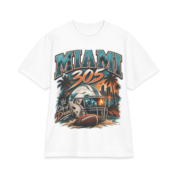 Miami 305 Football T‑Shirt — South Florida Sunset Helmet Design